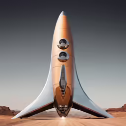the rear end of an orange and white jet airplane in a desert area