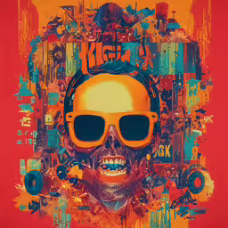 a painting of a person with a skull in his face and various symbols,a graphic with a man with a strange face and multiple eyes