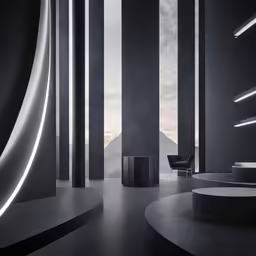 a dimly lit room with pillars, chairs, and windows