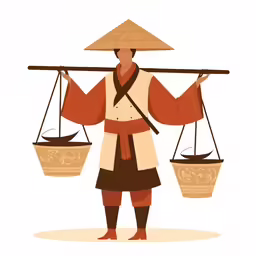 an asian woman balancing balance with baskets