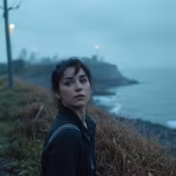 woman standing on a beach in the rain with ocean in background