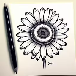 a drawing of a sunflower on a sheet of paper,drawing of a sunflower with black and white lines