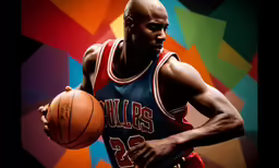 a man holding a basketball while standing in front of a multi colored wall