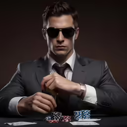 a man in sunglasses is holding onto his hand while he sits at a table