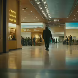 people standing outside of the entrance to a building