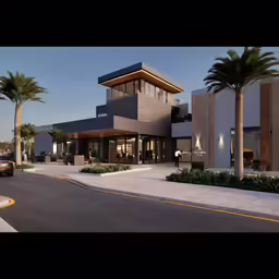 a building sits beside a street at sunset