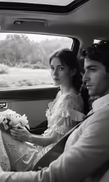 a man and woman in a car getting ready to go