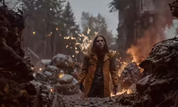 man in yellow jacket standing in the middle of rubble