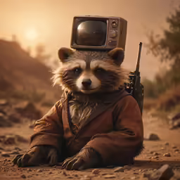 a raccoon in a brown jacket and a radio on his head