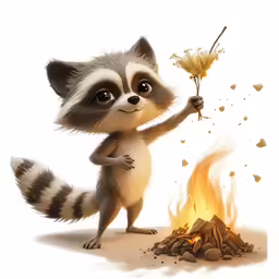 a very cute racoon holding a flower near a fire