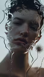 a woman looking into the distance behind a series of water,a beautiful woman