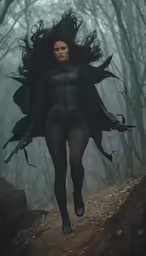 a woman with long hair is walking in the woods