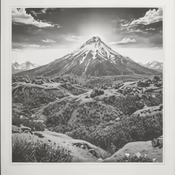 an art print of a mountain view from an old ranch