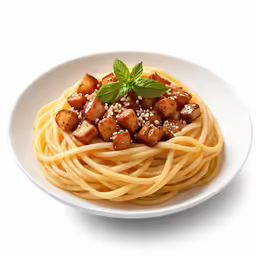 a plate with spaghetti, meat, and some type of sauce