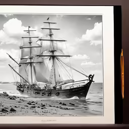 a ship sailing in the water near rocky shores
