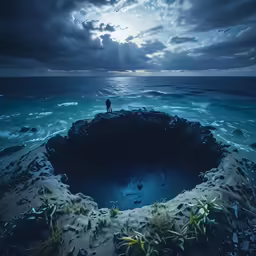 a man is standing on a rock by the ocean at night