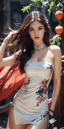 an asian woman wearing a white dress with floral details