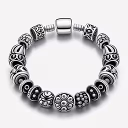 a silver bracelet with charms in the shape of hearts,a silver colored bracelet with several different sized beads and silver colored charms
