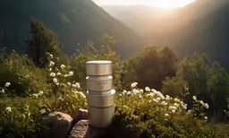 three white jars are sitting on a rock overlooking some mountains