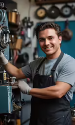 a smiling man with gloves working on machinery