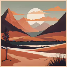 a poster shows a landscape of mountains, valleys and a body of water,a poster with mountains and trees in the background
