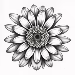 a drawing of a large white daisy in gray ink,a drawing of a flower with a black center
