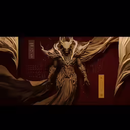 a large statue of a demon surrounded by red sheets