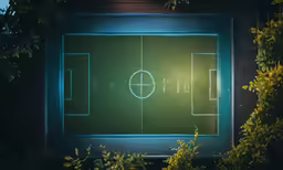 illuminated image of soccer field projected on wall at night