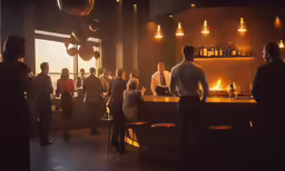 there are people standing in a restaurant by the counter