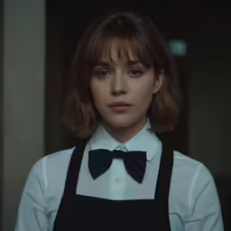 a woman with short hair wearing a white shirt and black tie