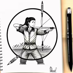 a woman in an arrow bow holding two arrows,this is an artist sketching a girl archer,a drawing of a girl aiming a bow with the bow and arrow,this is a drawing of a girl archer with a bow and arrow,drawing of a girl aiming a bow at a target