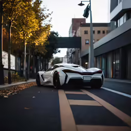 the white and black sports car is parked on the street