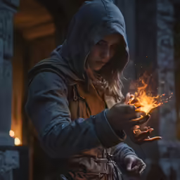 a man in hooded clothing lighting a small lamp