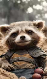 a baby racoon wearing a suit laying down on top of rocks