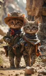 a pair of cats in costume are walking through the desert