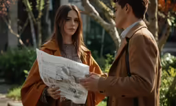 a woman looking at a man with news paper