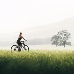 woman in a field with bike on her shoulder