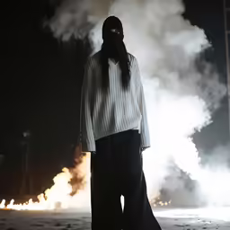 a man wearing a mask standing in the middle of a street