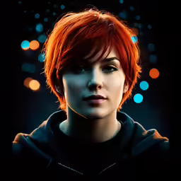 a woman with red hair and makeup stares directly