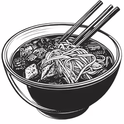 the bowl has noodles and chopsticks in it