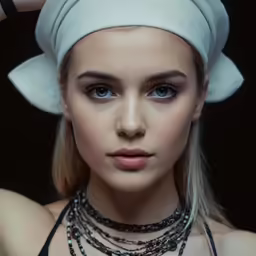 the young blonde girl with big blue eyes has a white hat on her head