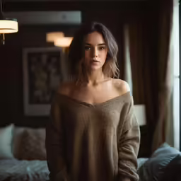 the woman is posing for the picture in her sweater