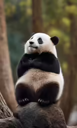 panda sitting on the top of a tree trunk