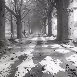 man walks through the cold on a snowy tree lined street