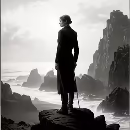 a man in a topcoat on a rocky mountain overlooking the sea