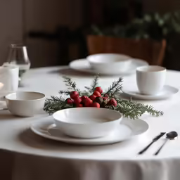 white dishes are lined up on the table