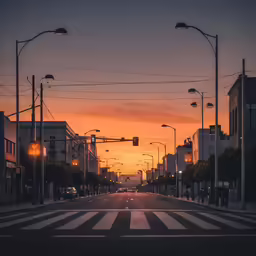 the sun is setting behind a street with many buildings