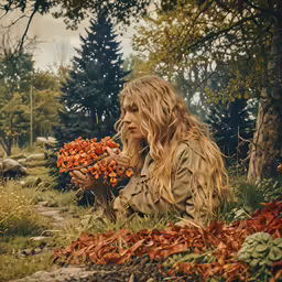 a blonde woman is kneeling in the grass