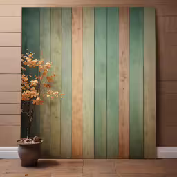 the vase has flowers in it and is next to the wall,vase with flowers on tile floor next to wood striped wall