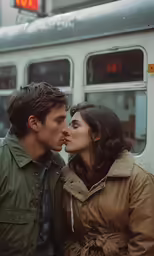a man and woman kissing while standing in front of a train